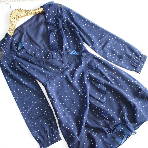 ❗️Blue White Stars Long Sleeve Frilled Wrap Dress - Picture 6 of 8